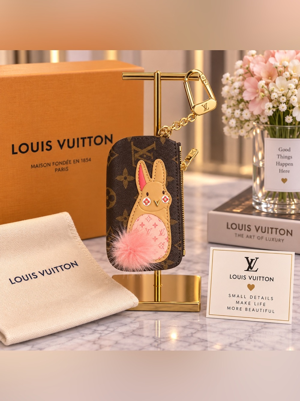 Luxury Bunny Key Pouch - Brown with Pink Fur Accent